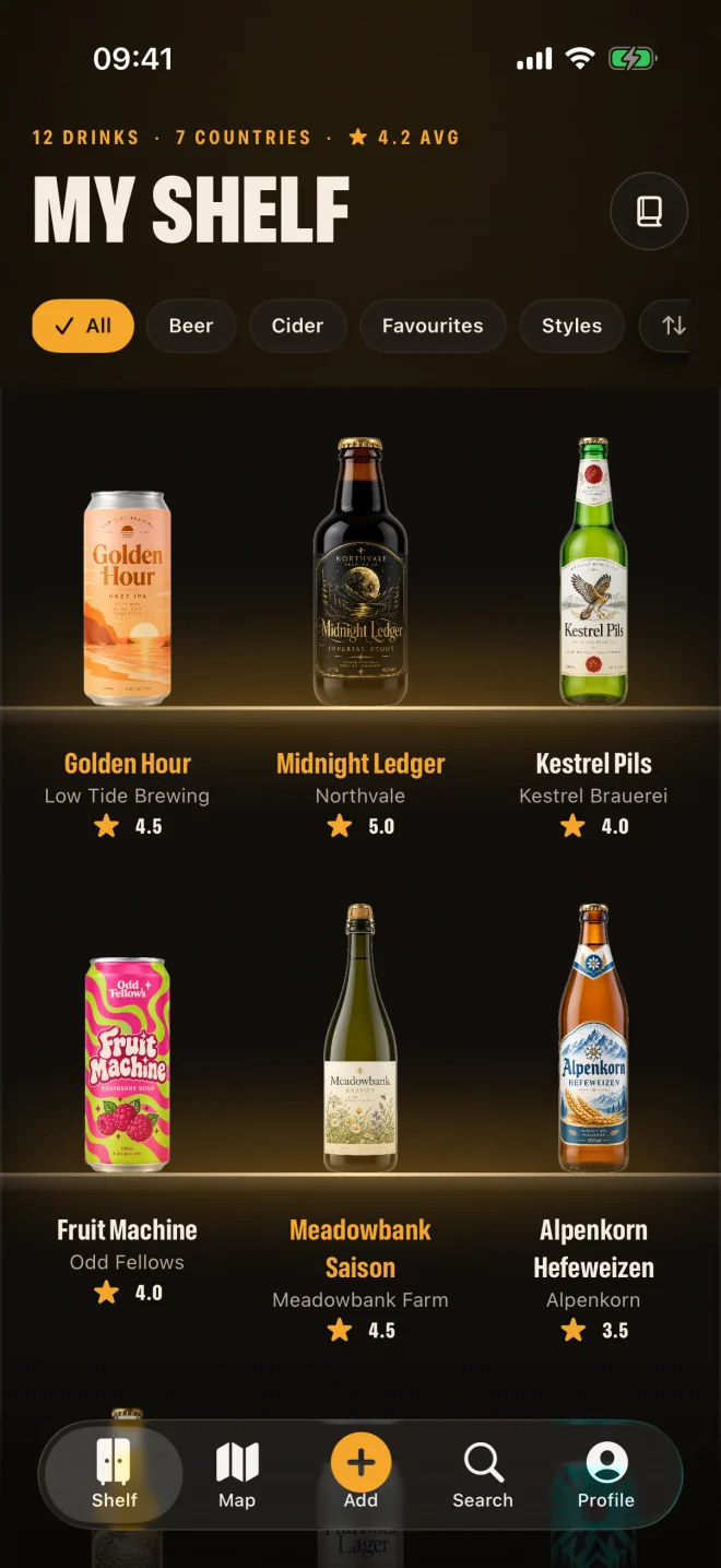 BeerShelf app showing tried beers and ciders standing on a lit shelf