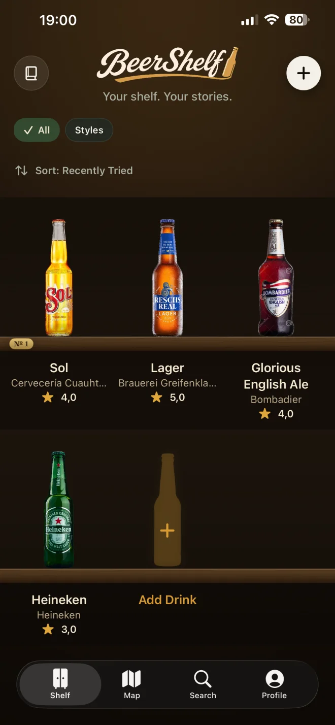 BeerShelf showing bottles arranged on a personal shelf