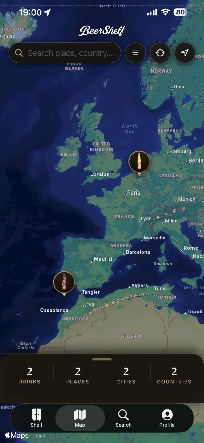 BeerShelf map showing drink locations across Europe