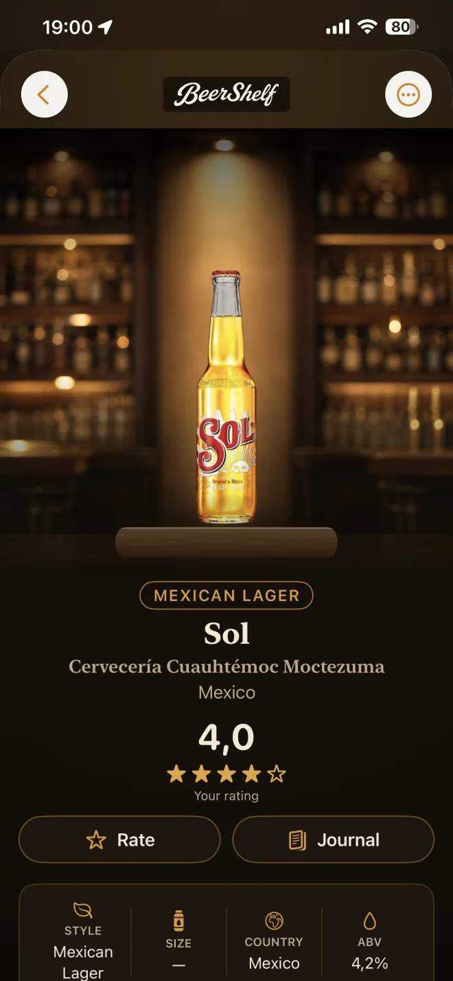 BeerShelf detail page for a bottle of Sol with personal rating