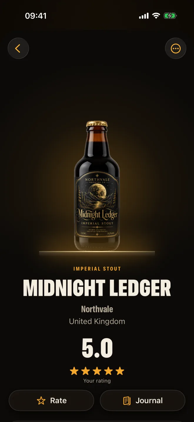 A BeerShelf drink page for Midnight Ledger, rated 5.0