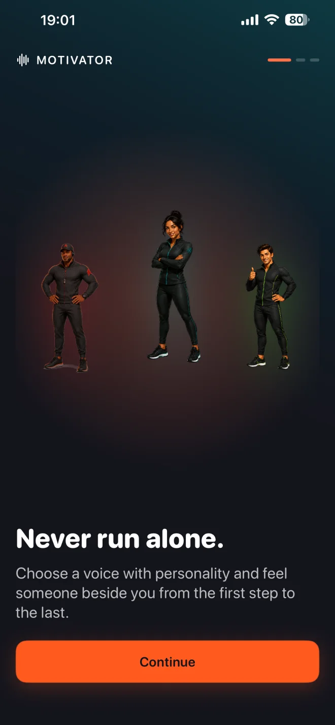 Motivator introduction showing three running coaches