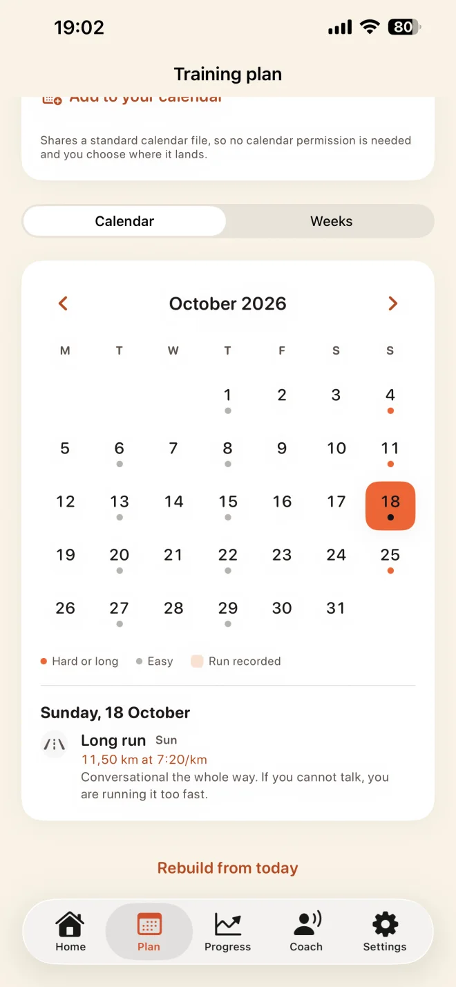 A Motivator training plan displayed as a calendar