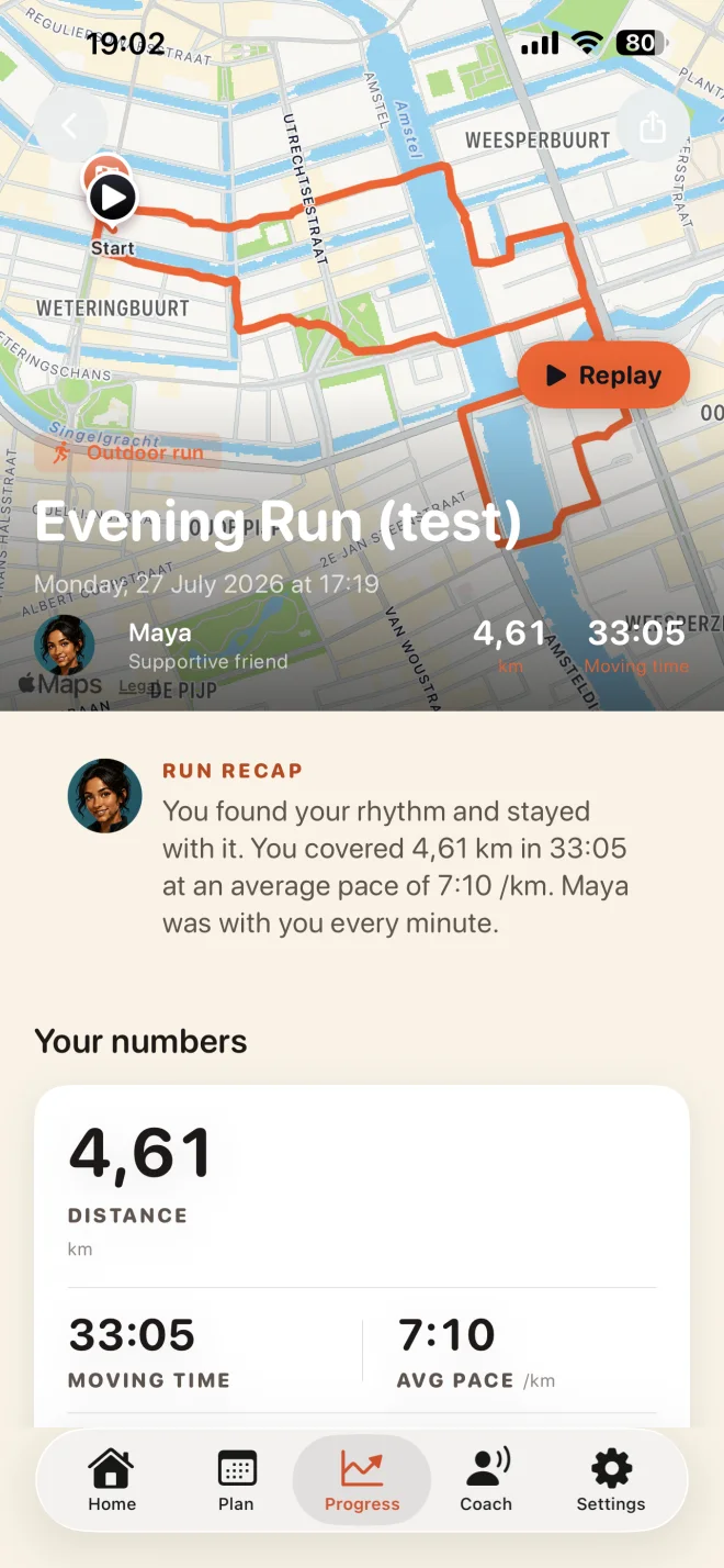 Completed run route, recap, and performance numbers