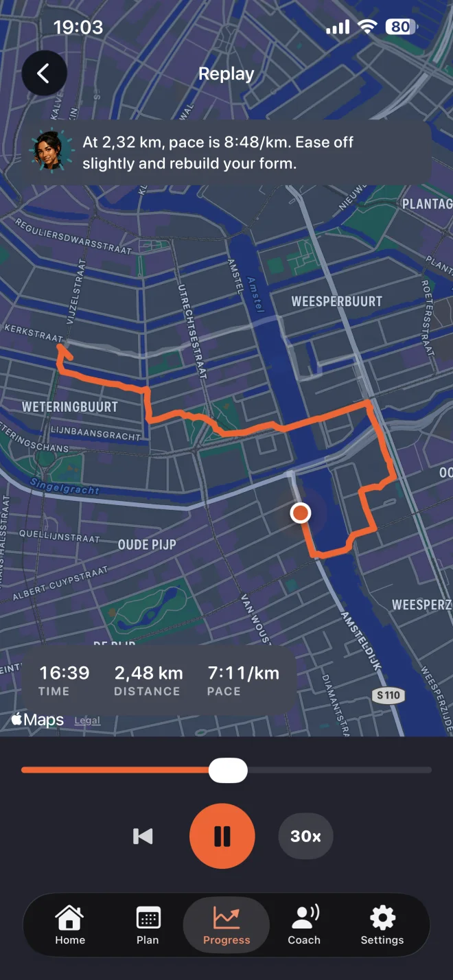 Route replay showing a coaching moment on the map