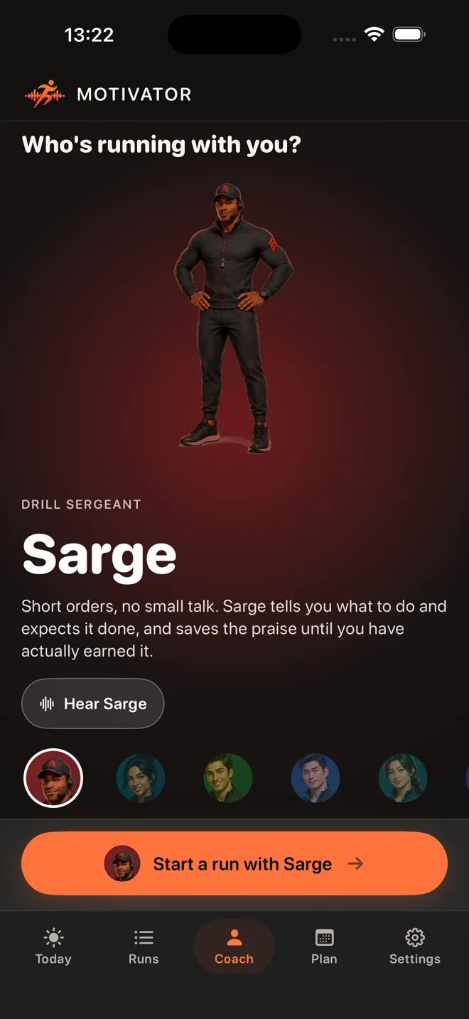 Choose from seven distinct running coaches, including Sarge, Maya, Josh, Kai, and Maeve