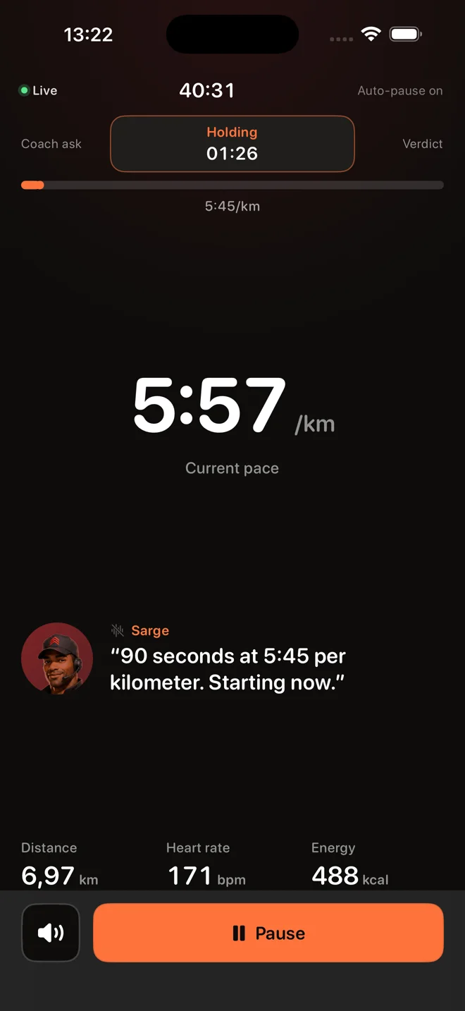 A live structured run with current pace, heart rate, energy, and a timed cue from Sarge