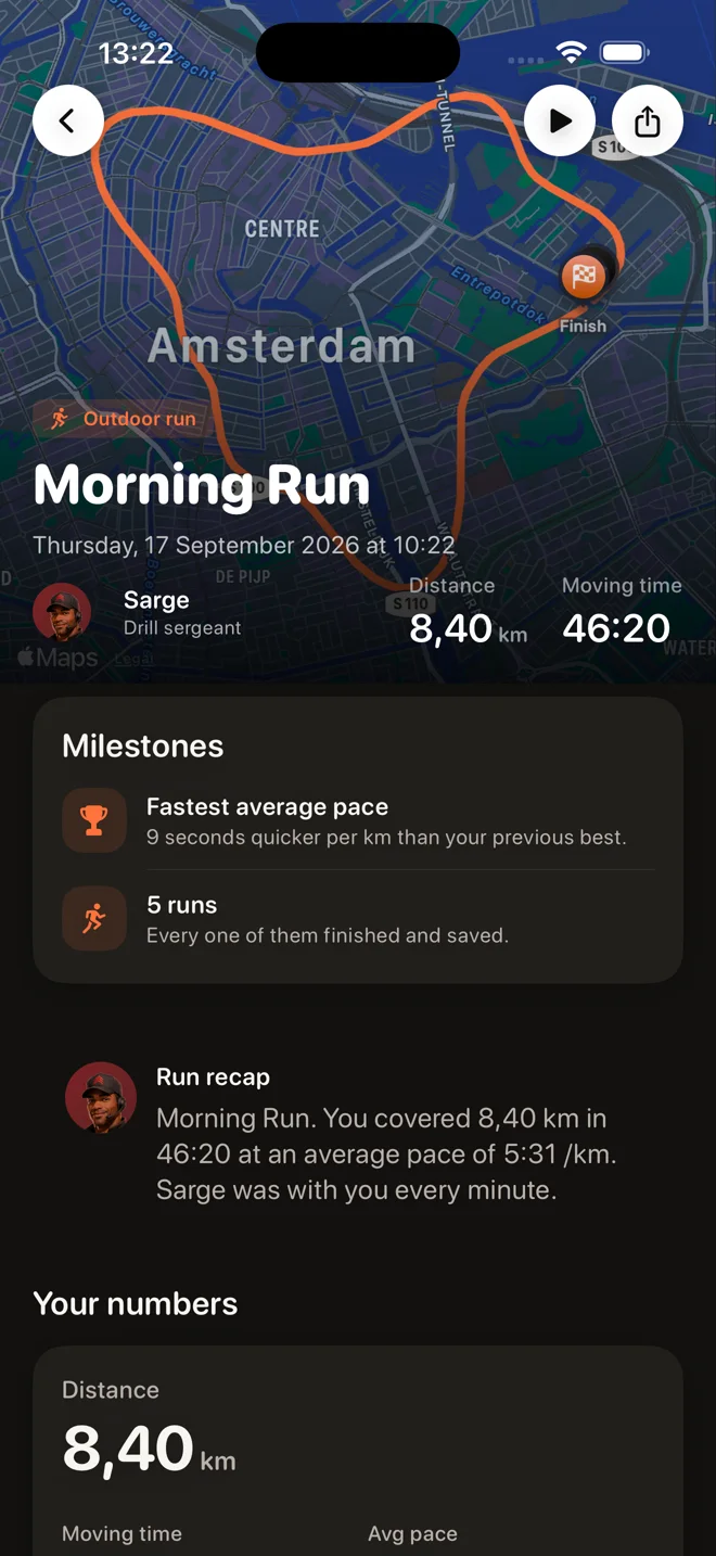 Completed Amsterdam run with route, milestones, recap, and performance metrics