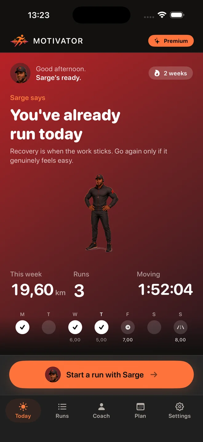 Today screen showing a recovery message, weekly running progress, and the next planned sessions
