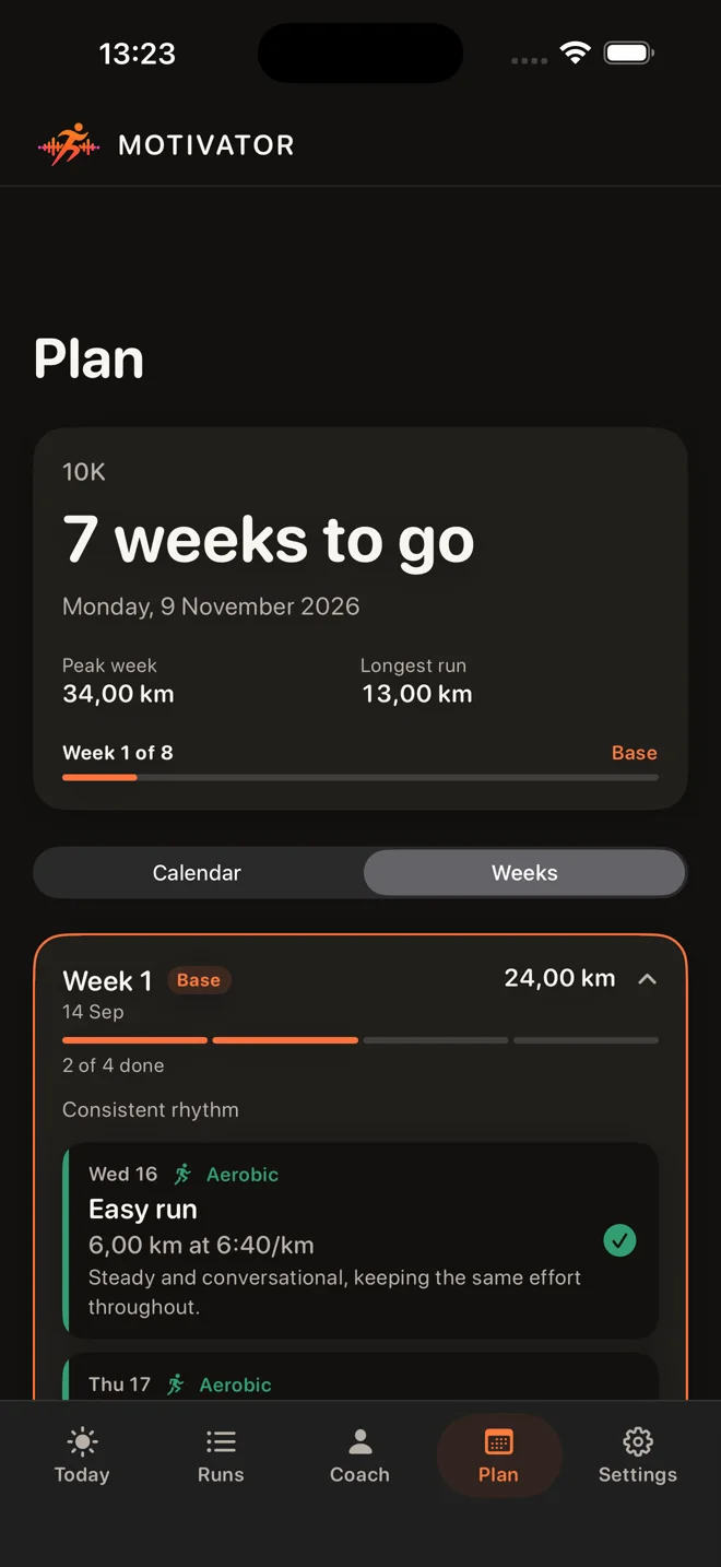 Eight-week 10K training plan with completed sessions and weekly progress