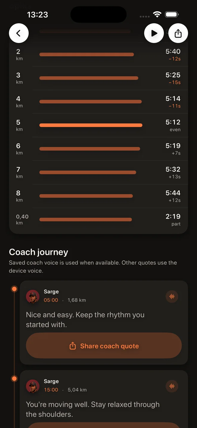 Run splits and a timeline of replayable coaching moments from Sarge