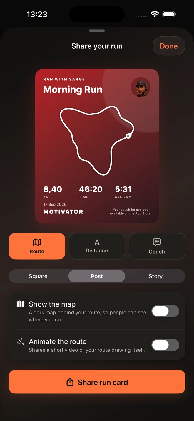 Run sharing editor with route, distance, coach quote, and format choices