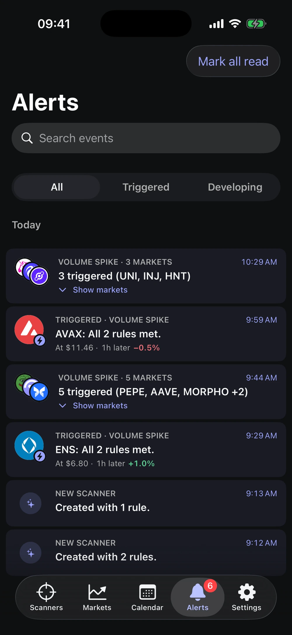 Alerts timeline grouping markets by scanner pass, with the price one hour after each alert