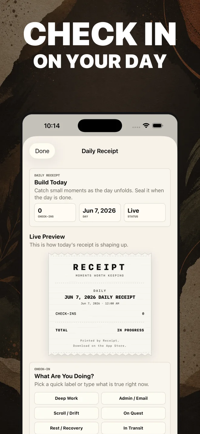 Daily Receipt check-in screen