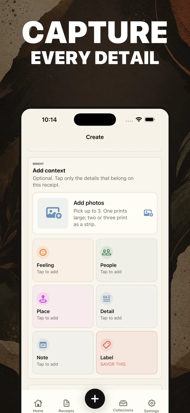 Receipt creation screen with context options